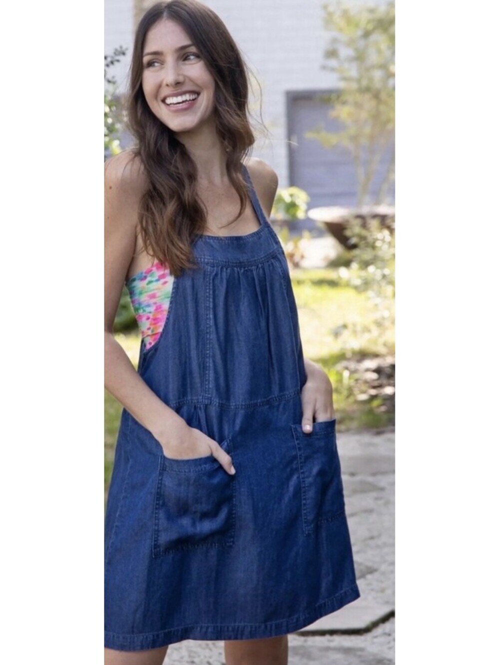 Natural Life Denim Jumper Dress Blue Chambray Mini Pockets Overall Apron Medium